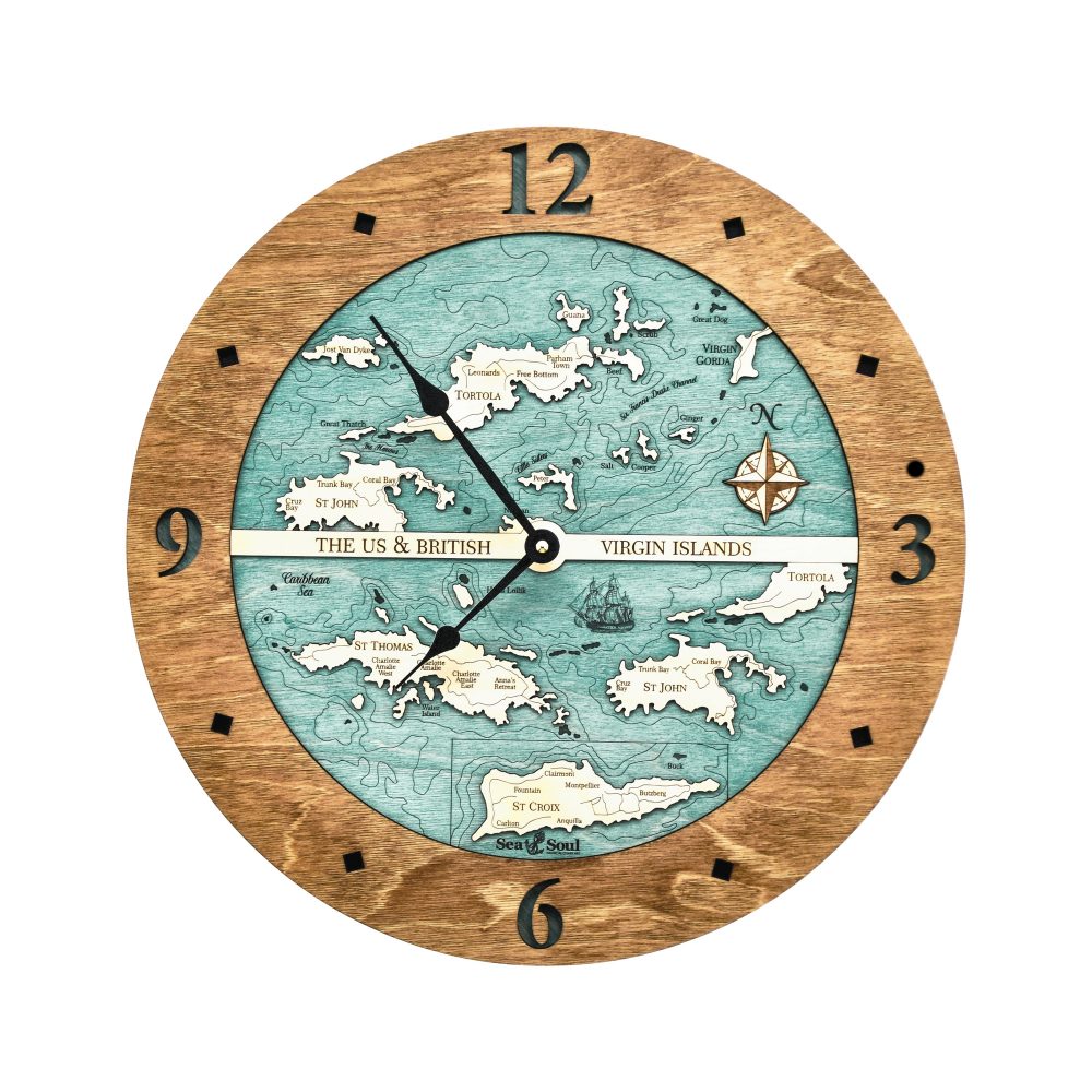 Virgin Islands Nautical Map Clock Americana Accent with Blue Green Water