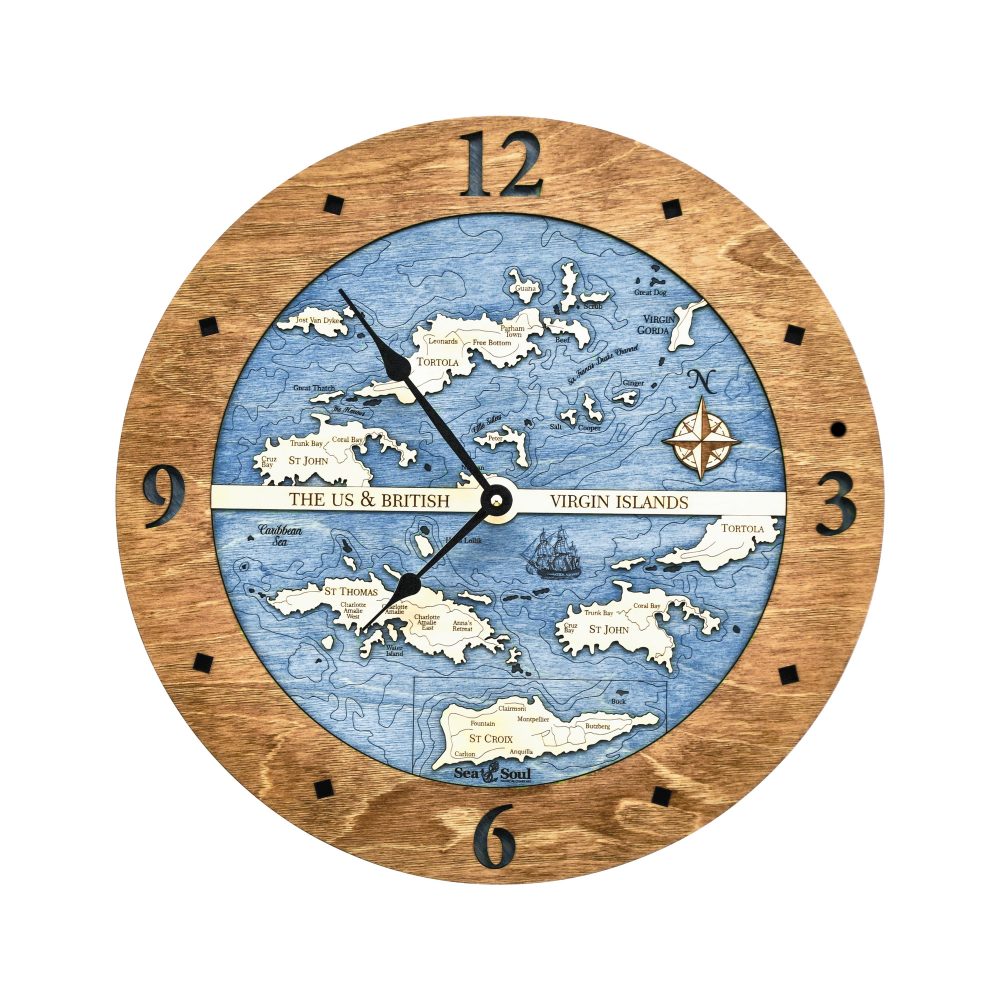 Virgin Islands Nautical Map Clock Americana Accent with Deep Blue Water