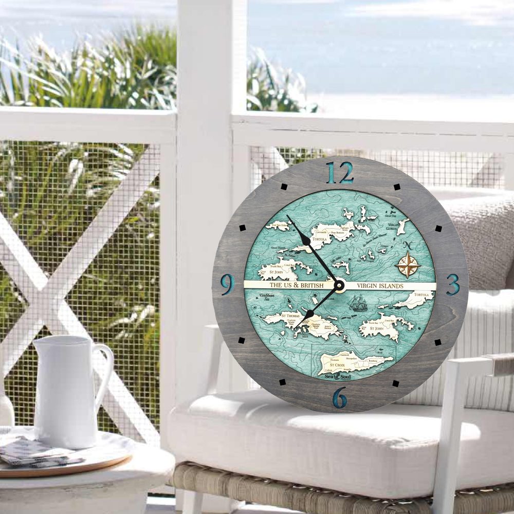 Virgin Islands Nautical Map Clock Driftwood Accent with Blue Green Water Sitting on Outdoor Chair by Coast