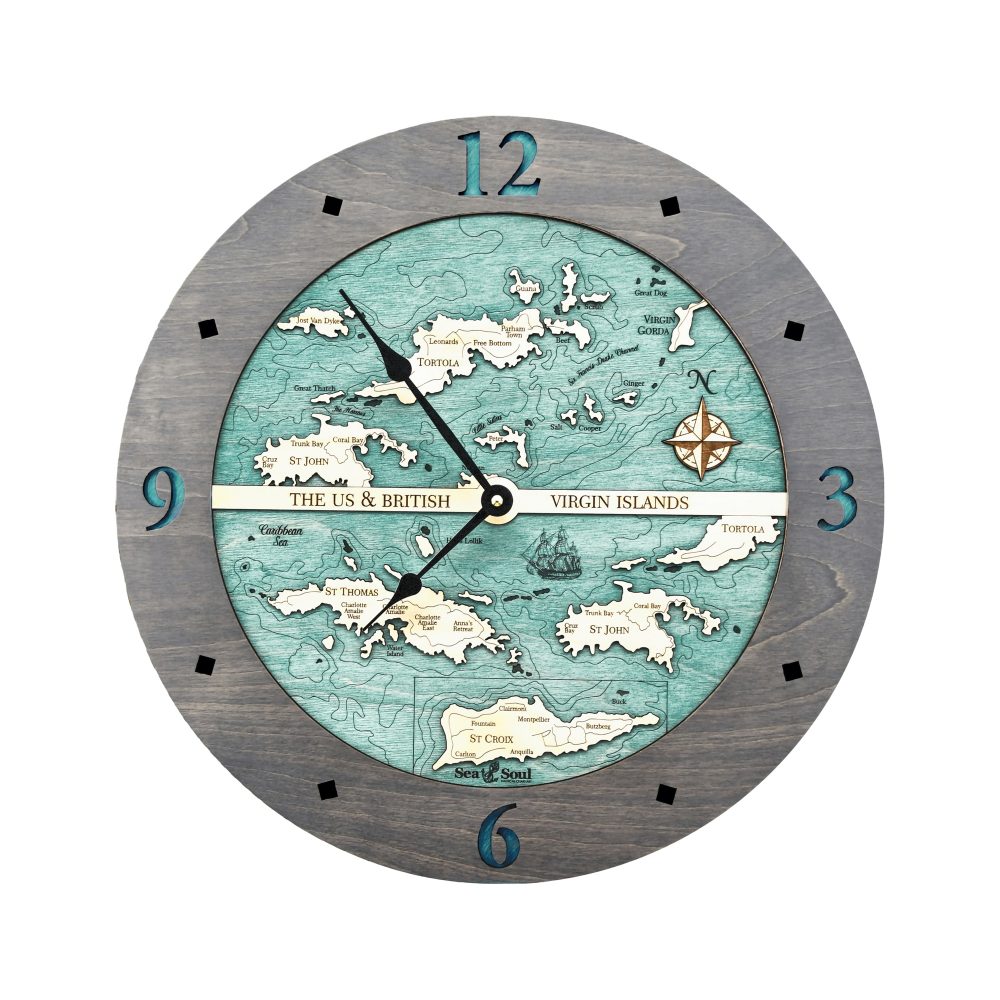 Virgin Islands Nautical Map Clock Driftwood Accent with Blue Green Water