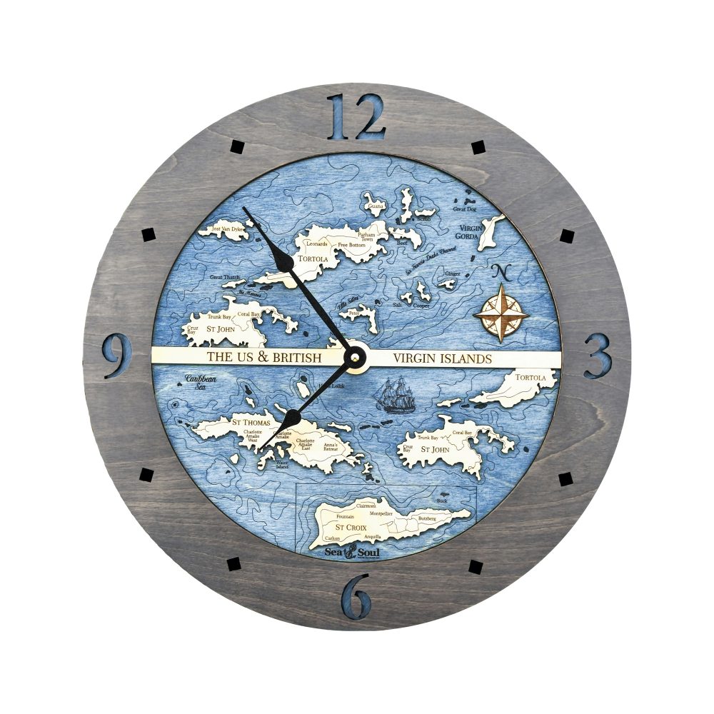 Virgin Islands Nautical Map Clock Driftwood Accent with Deep Blue Water