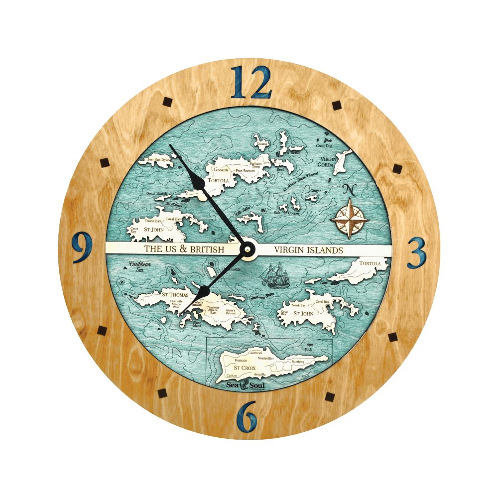 Virgin Islands Nautical Map Clock Honey Accent with Blue Green Water