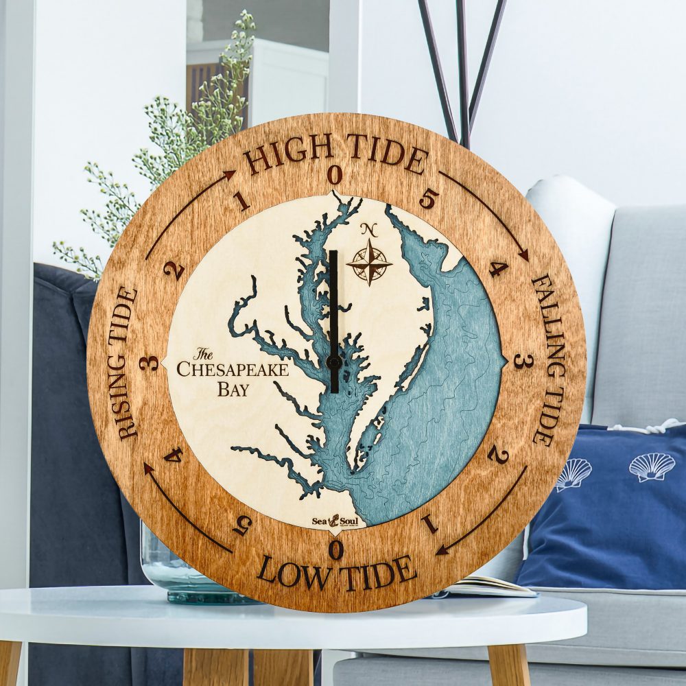 Chesapeake Bay Tide Clock Americana Accent with Blue Green Water Sitting on Coffee Table