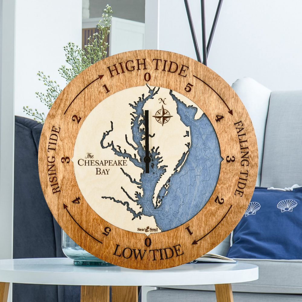 Chesapeake Bay Tide Clock Americana Accent with Deep Blue Water Sitting on Coffee Table