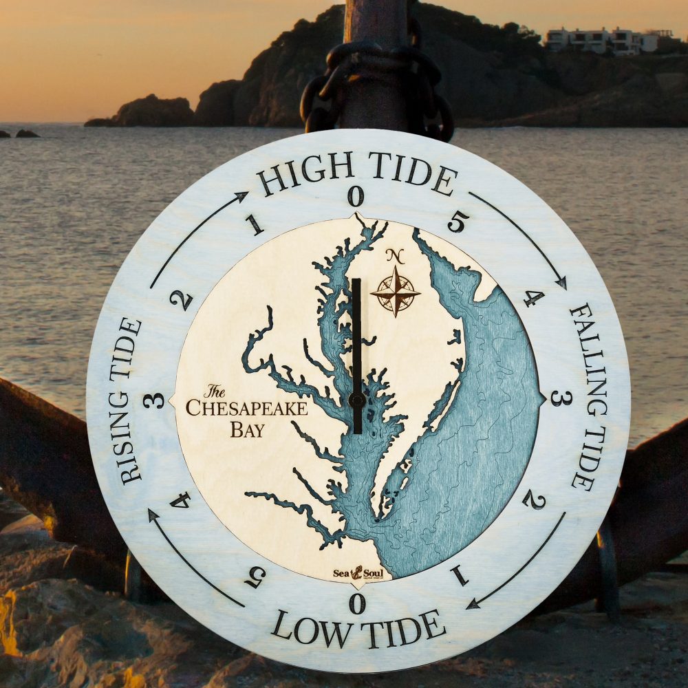 Chesapeake Bay Tide Clock Bleach Blue Accent with Blue Green Water Sitting by Anchor and Waterfront