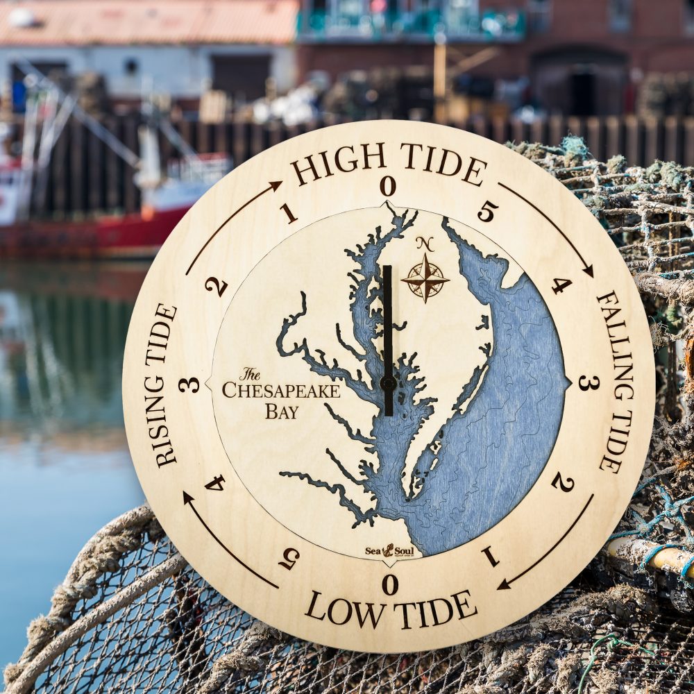 Chesapeake Bay Tide Clock Birch Accent with Deep Blue Water Sitting on Fishing Net on Dock