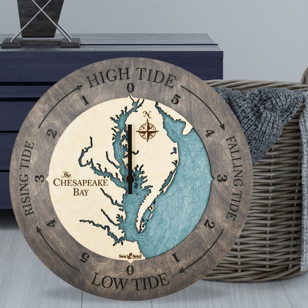 Chesapeake Bay Tide Clock Driftwood Accent with Blue Green Water Sitting on Ground by Basket