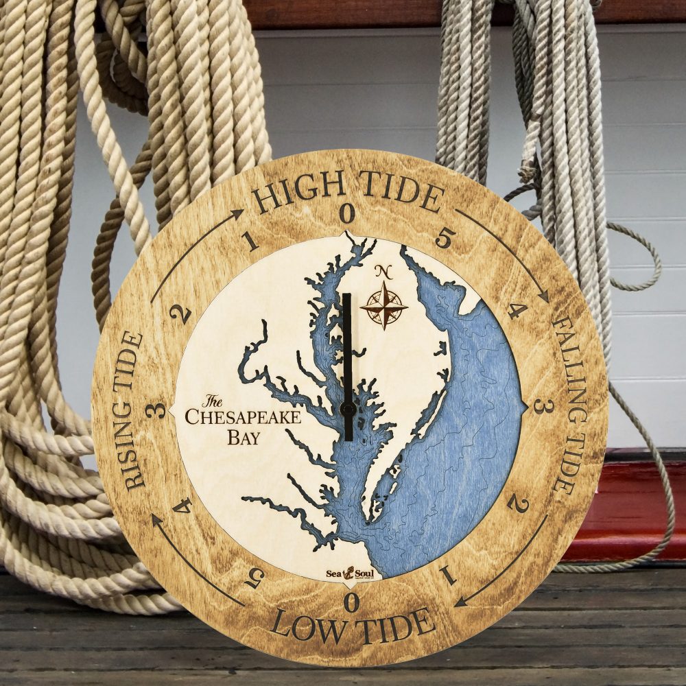 Chesapeake Bay Tide Clock Honey Accent with Deep Blue Water Sitting on Dock by Boat