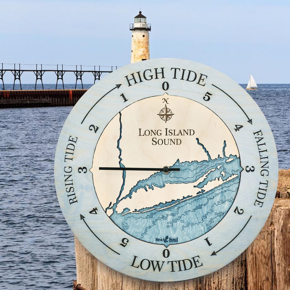 Long Island Sound Tide Clock Bleach Blue Accent with Blue Green Water in Use