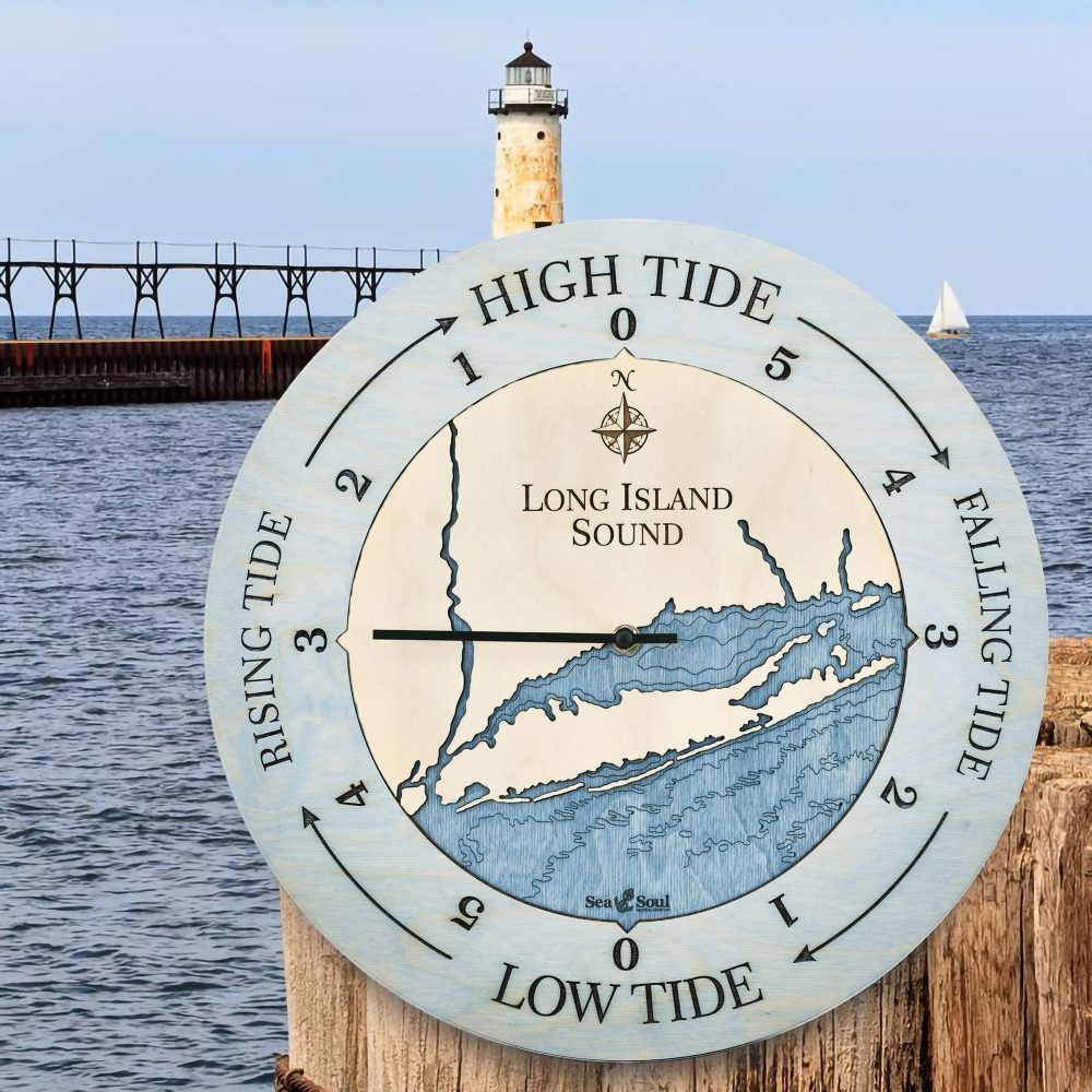 Long Island Sound Tide Clock Bleach Blue Accent with Deep Blue Water