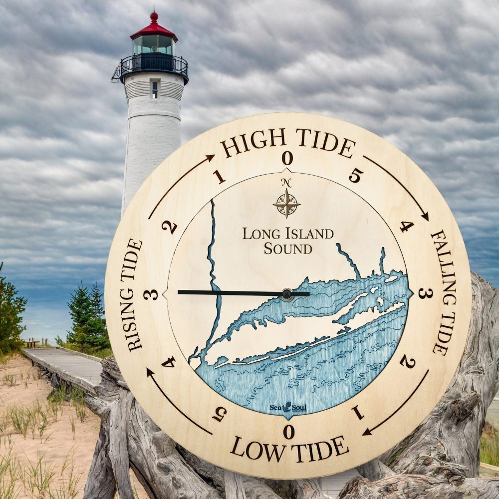 Long Island Sound Tide Clock Birch Accent with Blue Green Water in Use