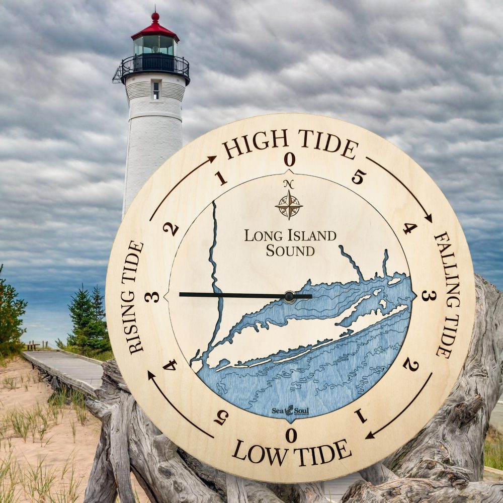 Long Island Sound Tide Clock Birch Accent with Deep Blue Water in Use