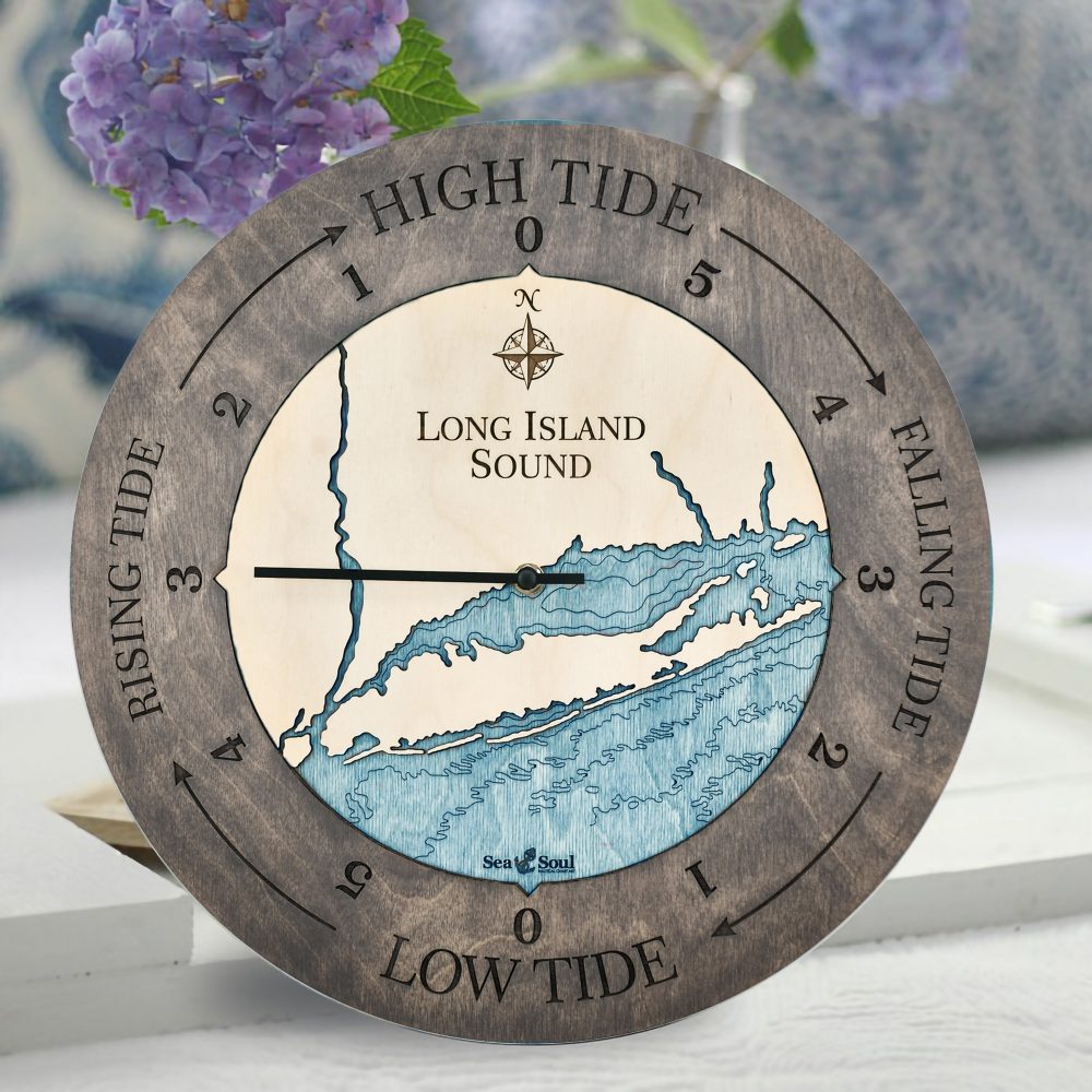 Long Island Sound Tide Clock Driftwood Accent with Blue Green Water in Use