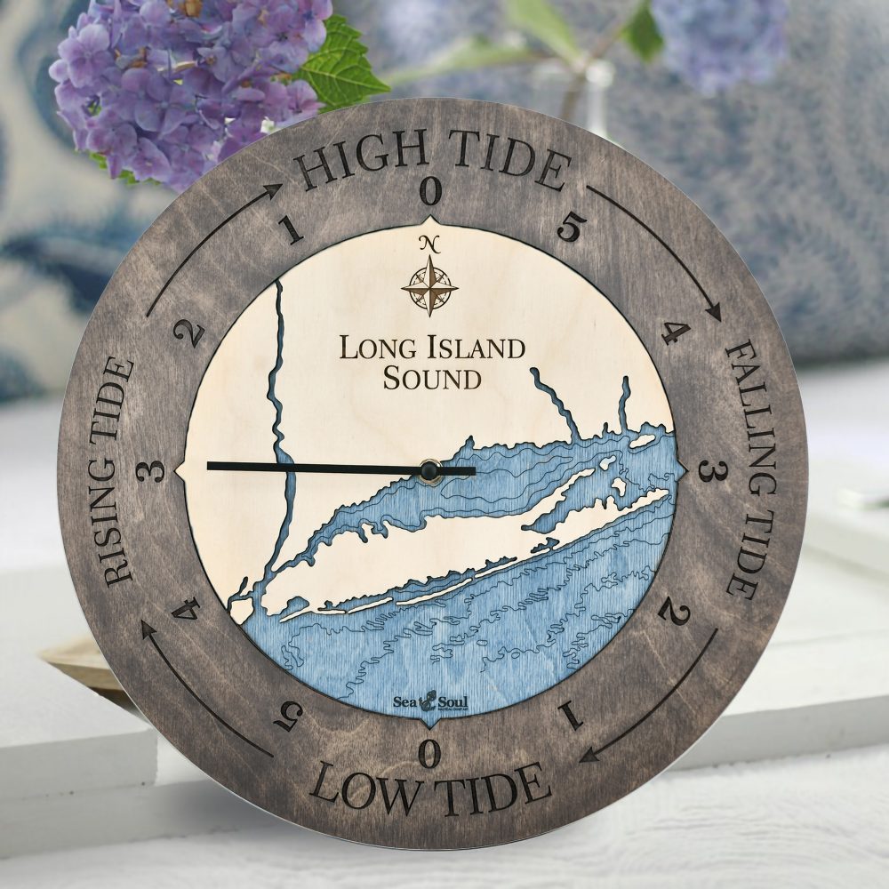 Long Island Sound Tide Clock Driftwood Accent with Deep Blue Water in Use