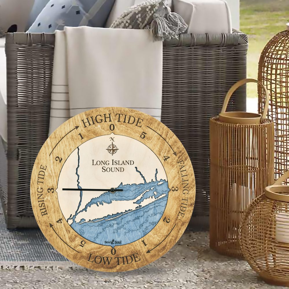 Long Island Sound Tide Clock Honey Accent with Deep Blue Water in Use