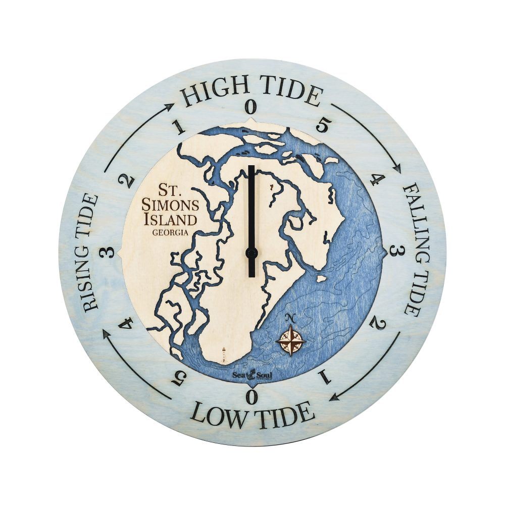 St Simons Island Tide Clock Bleach Blue Accent with Deep Blue Water