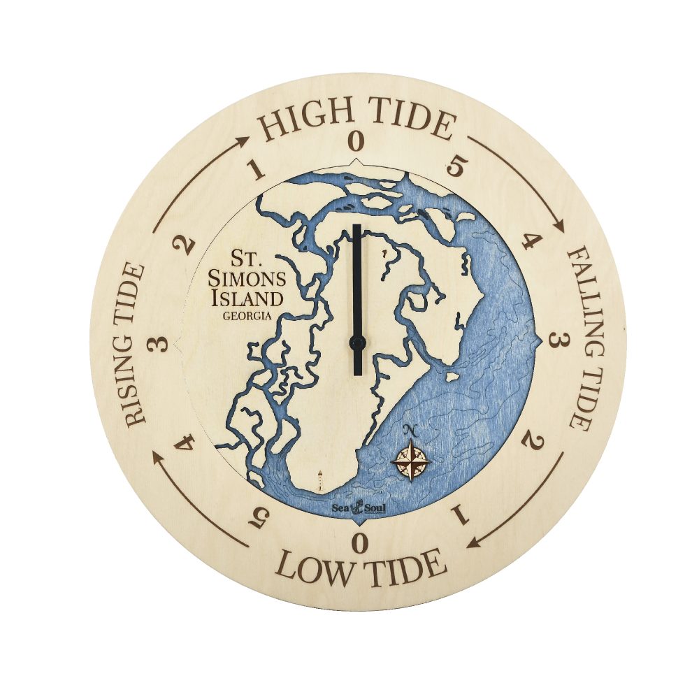 St Simons Island Tide Clock Birch Accent with Deep Blue Water