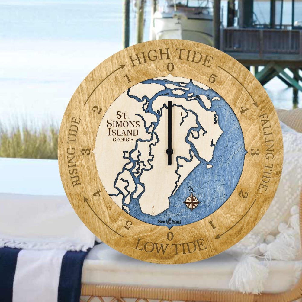 St Simons Island Tide Clock Honey Accent with Deep Blue Water Sitting on Outdoor Couch