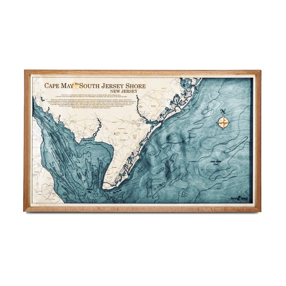 Cape May Nautical Map Wall Art Cherry Accent with Blue Green Water