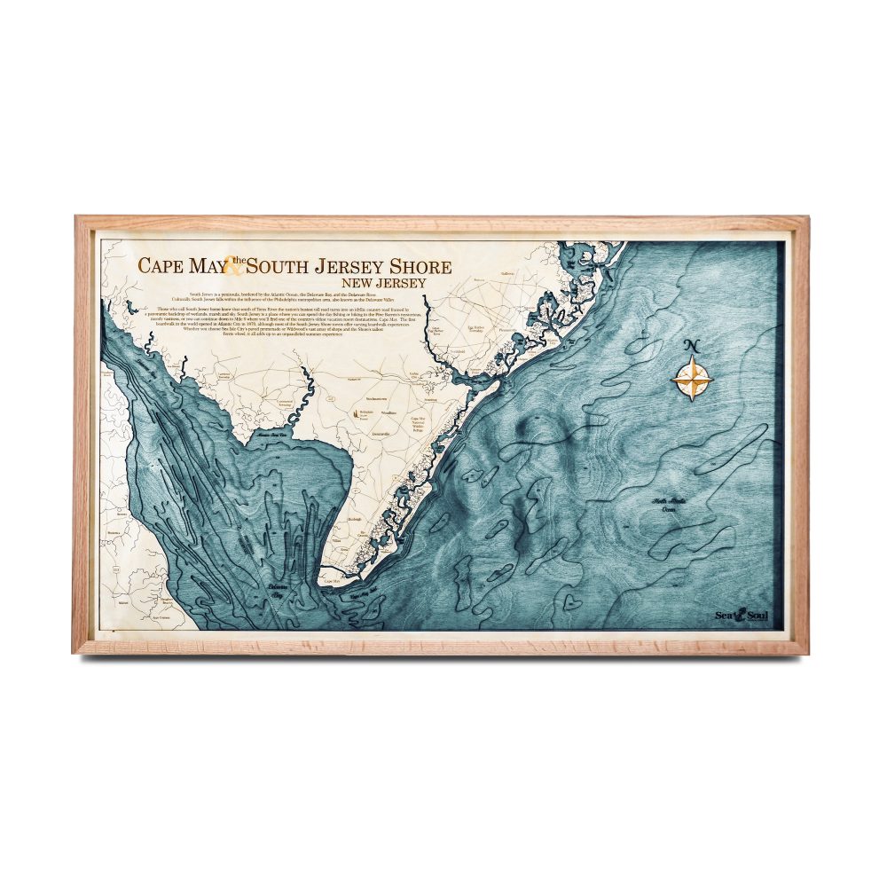 Cape May Nautical Map Wall Art Oak Accent with Blue Green Water