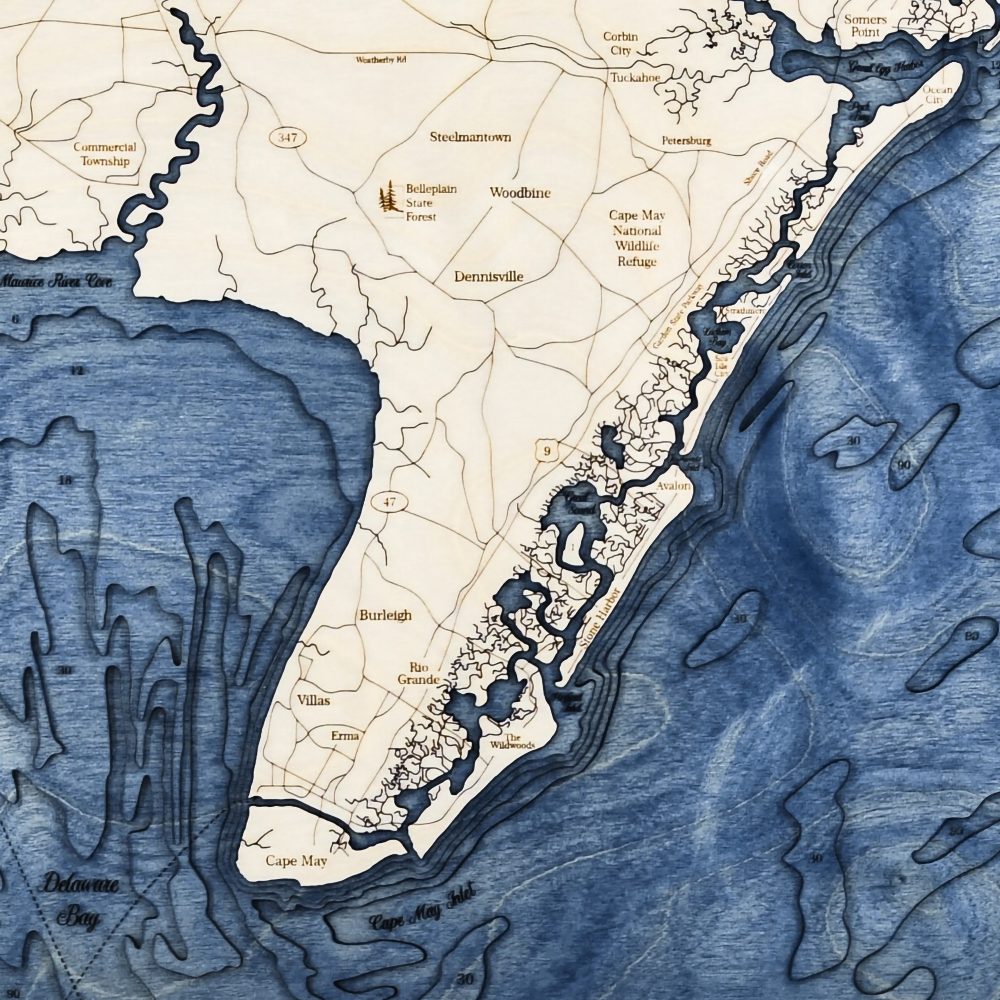 Cape May Nautical Map Wall Art Oak Accent with Deep Blue Water Detail Shot 2