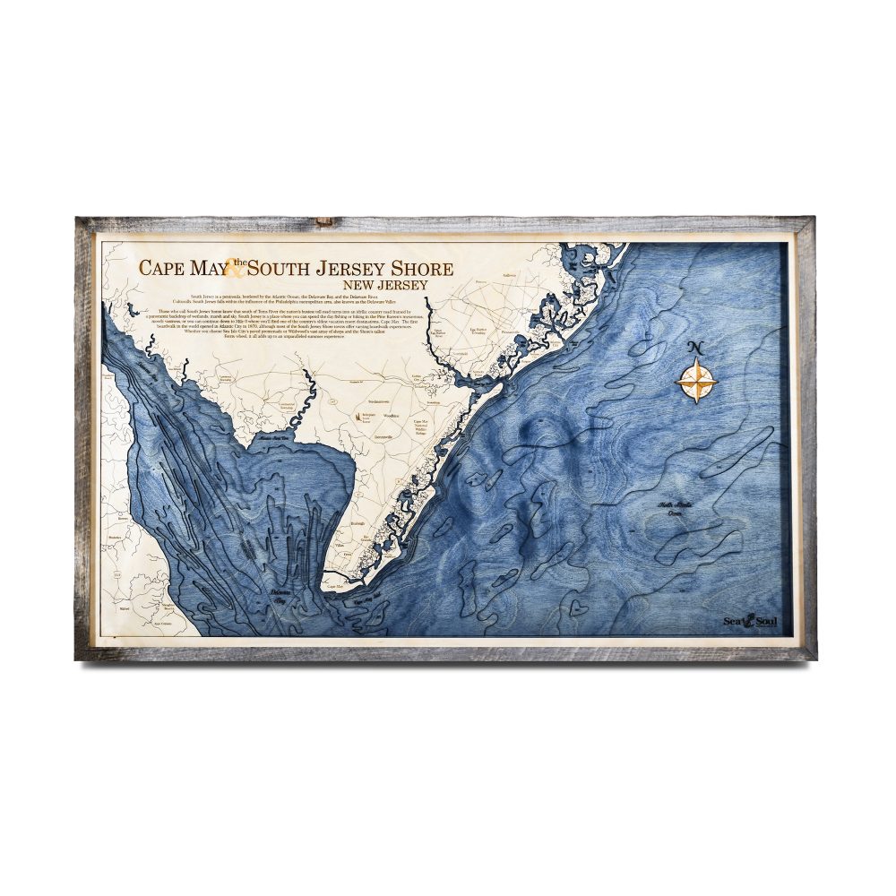 Cape May Nautical Map Wall Art Rustic Pine Accent with Deep Blue Water