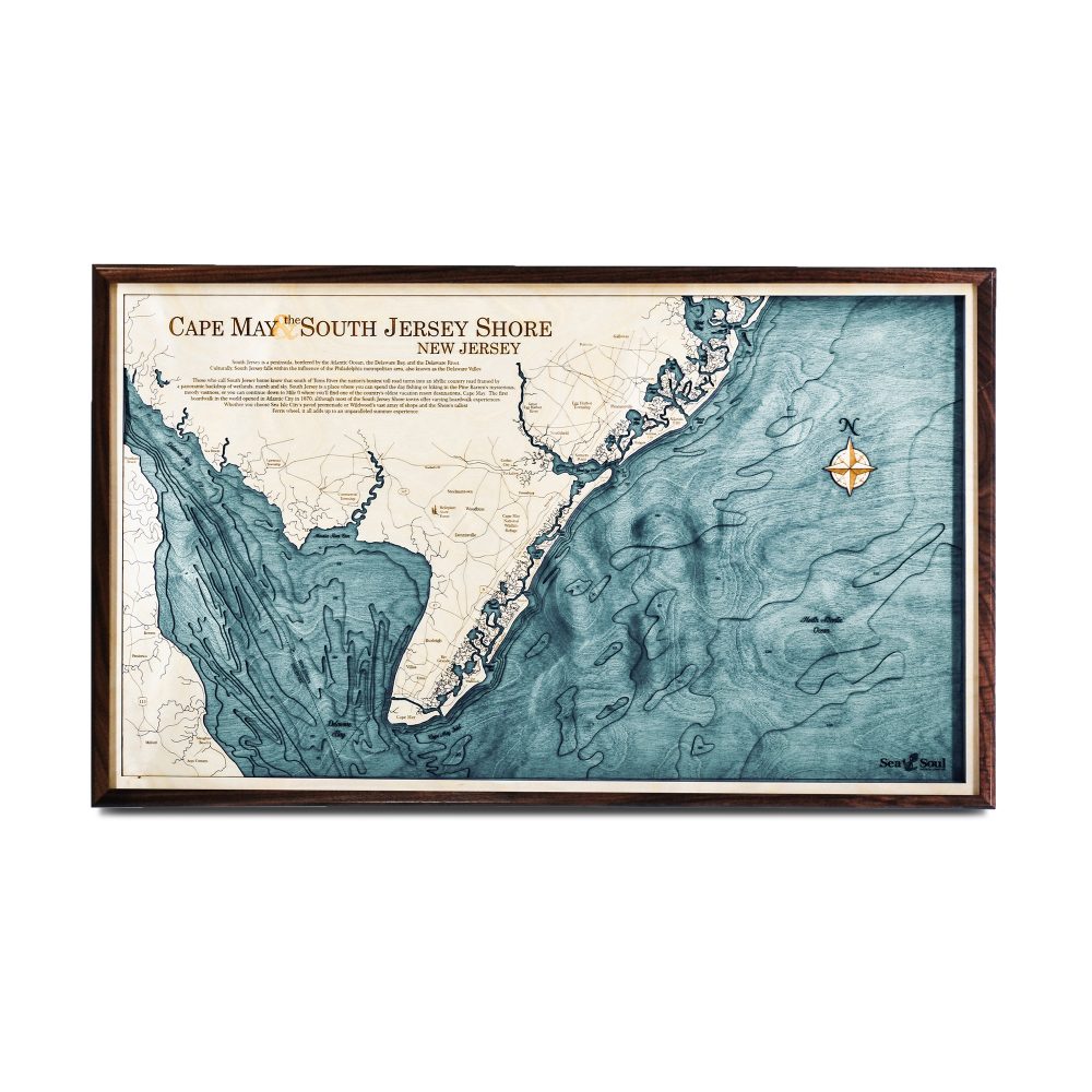 Cape May Nautical Map Wall Art Walnut Accent with Blue Green Water