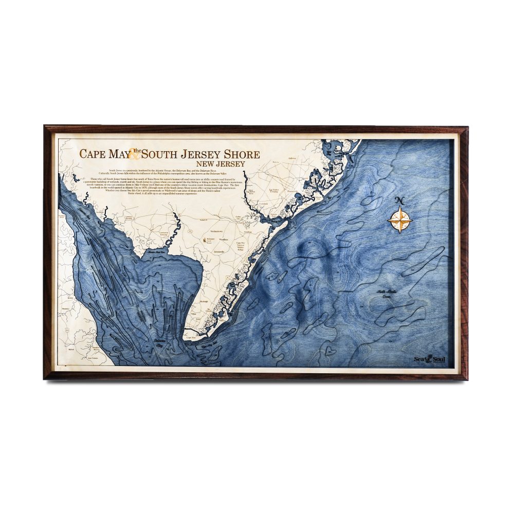 Cape May Nautical Map Wall Art Walnut Accent with Deep Blue Water