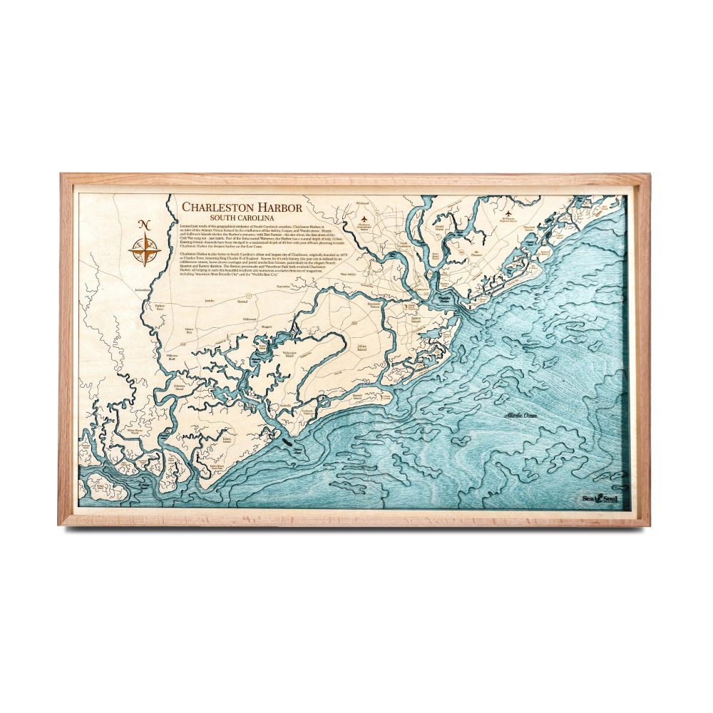 Charleston Nautical Map Wall Art Oak Accent with Blue Green Water
