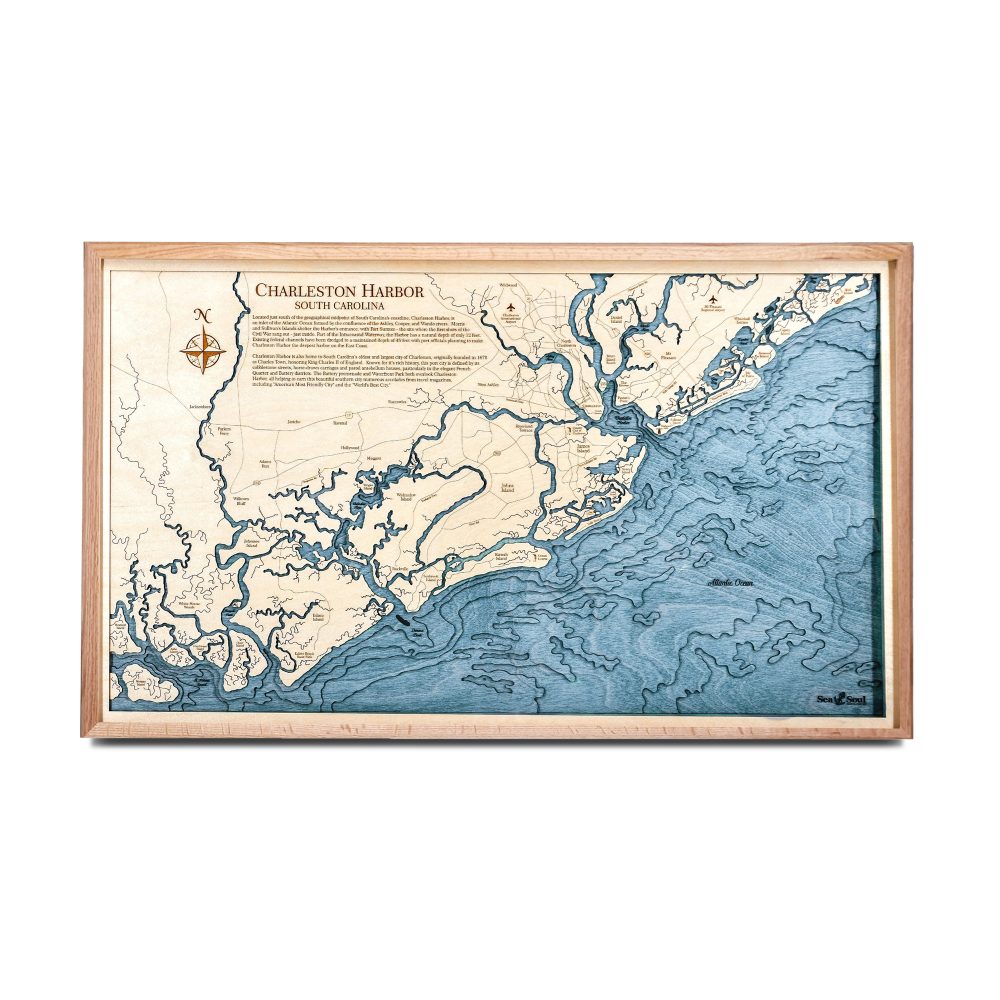 Charleston Nautical Map Wall Art Oak Accent with Deep Blue Water