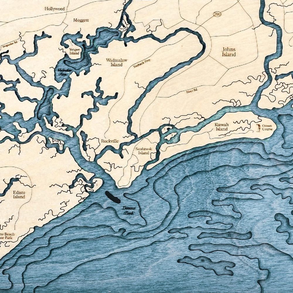 Charleston Nautical Map Wall Art Oak Accent with Deep Blue Water Detail Shot 3