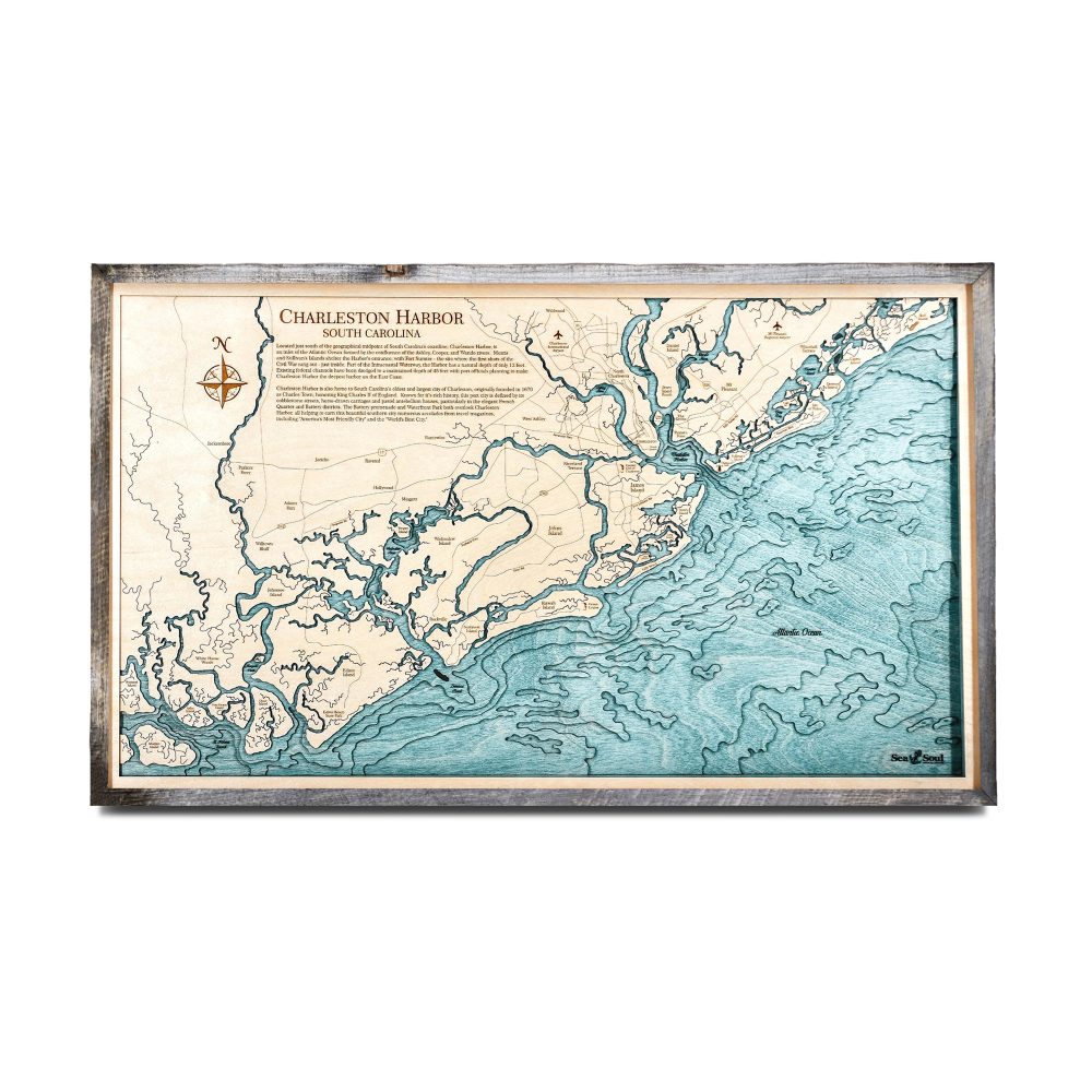 Charleston Nautical Map Wall Art Rustic Pine Accent with Blue Green Water