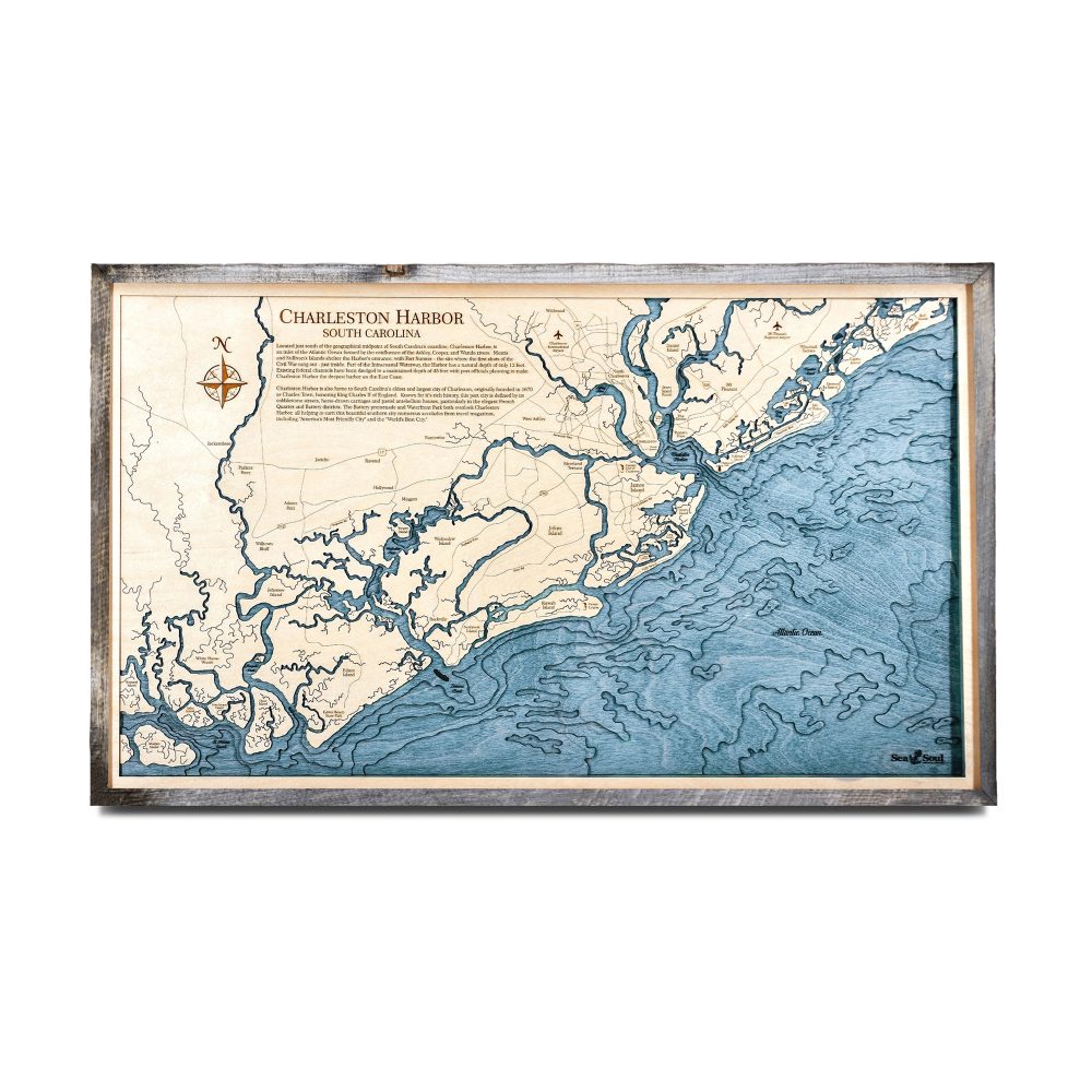 Charleston Nautical Map Wall Art Rustic Pine Accent with Deep Blue Water