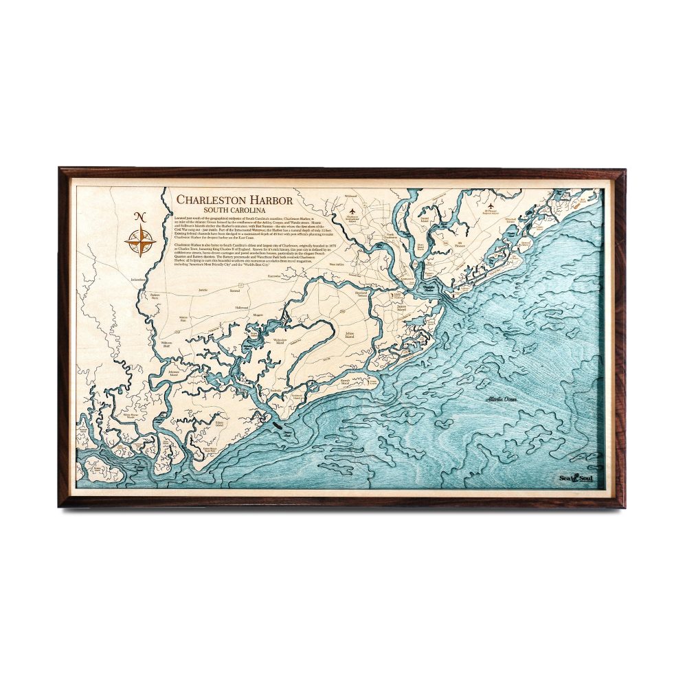 Charleston Nautical Map Wall Art Walnut Accent with Blue Green Water