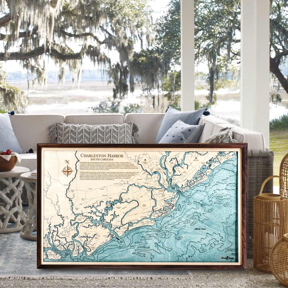 Charleston Nautical Map Wall Art Walnut Accent with Blue Green Water Sitting on Back Porch by Outdoor Couch