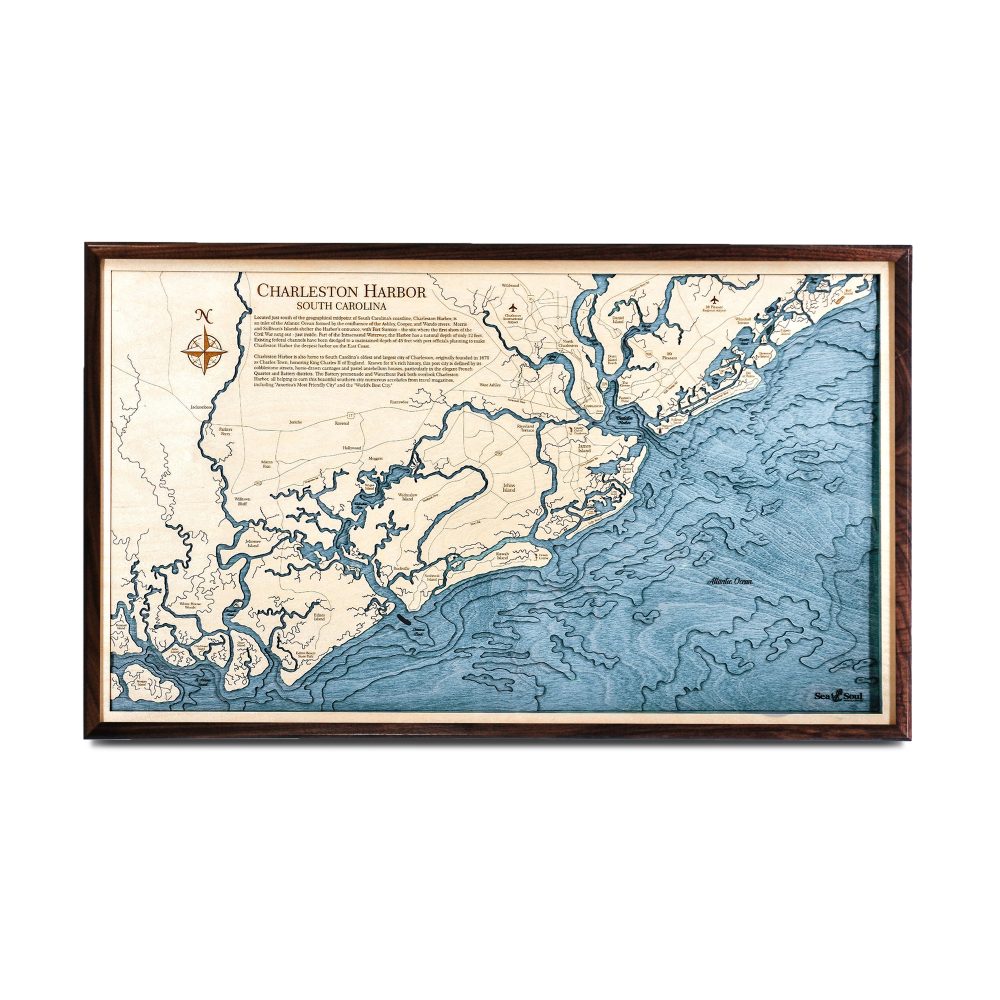 Charleston Nautical Map Wall Art Walnut Accent with Deep Blue Water