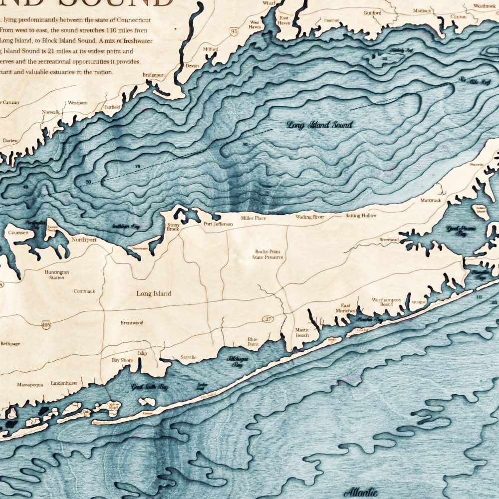 Long Island Sound Nautical Map Wall Art Oak Accent with Blue Green Water Detail Shot 2