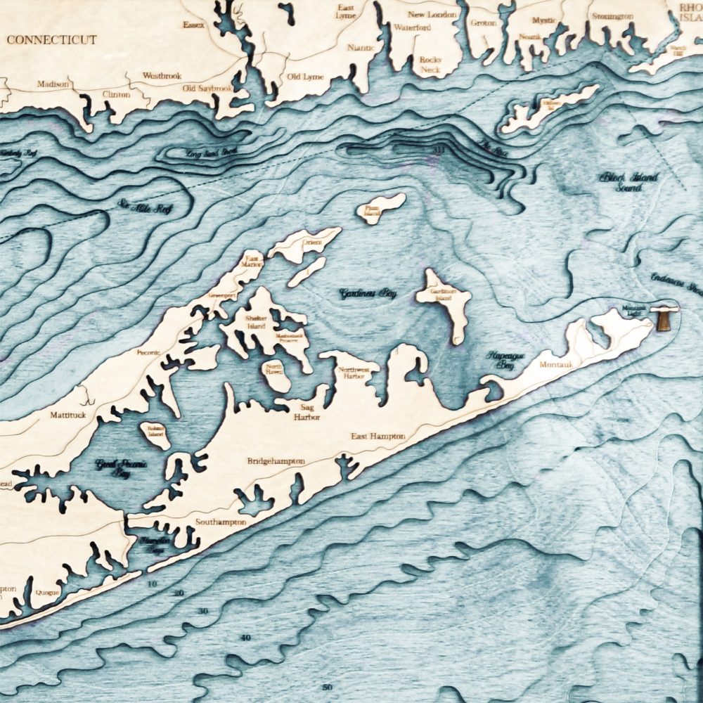 Long Island Sound Nautical Map Wall Art Oak Accent with Blue Green Water Detail Shot 3