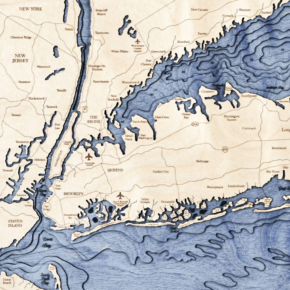 Long Island Sound Nautical Map Wall Art Oak Accent with Deep Blue Water Detail Shot 1