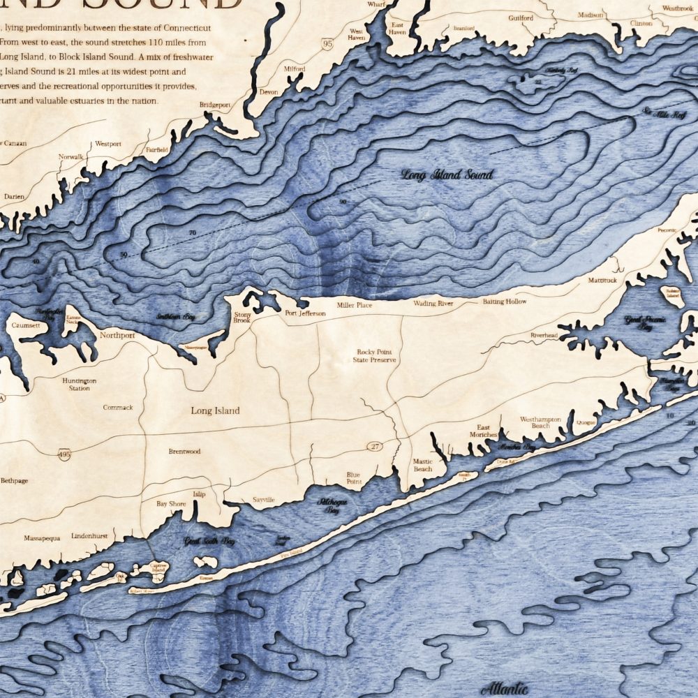 Long Island Sound Nautical Map Wall Art Oak Accent with Deep Blue Water Detail Shot 2