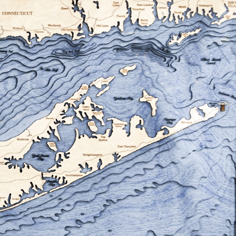 Long Island Sound Nautical Map Wall Art Oak Accent with Deep Blue Water Detail Shot 3