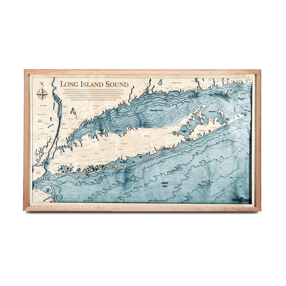 Long Island Sound Nautical Map Wall Art Oak Accent with Blue Green Water