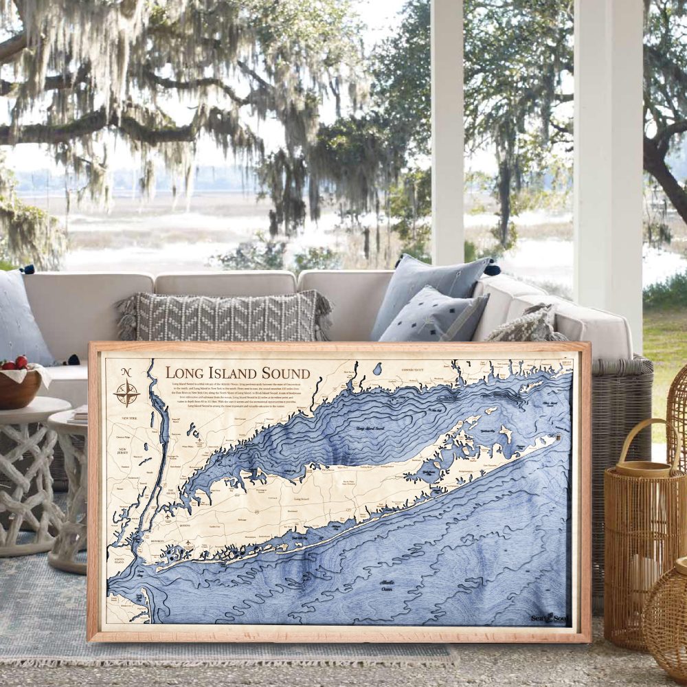 Long Island Sound Nautical Map Wall Art Oak Accent with Deep Blue Water Sitting on Back Porch by Outdoor Couch