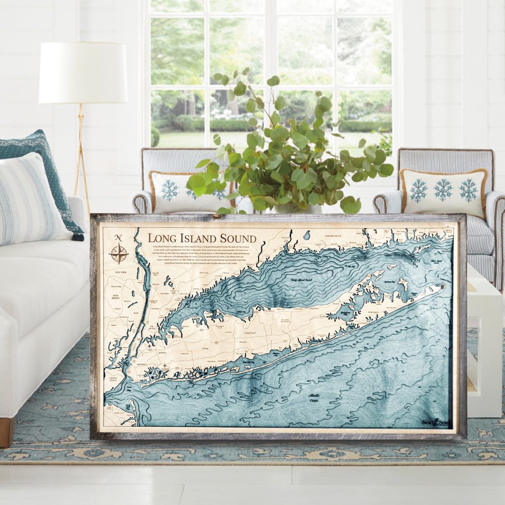 Long Island Sound Nautical Map Wall Art Rustic Pine Accent with Blue Green Water Sitting on Living Room Floor by Coffee Table
