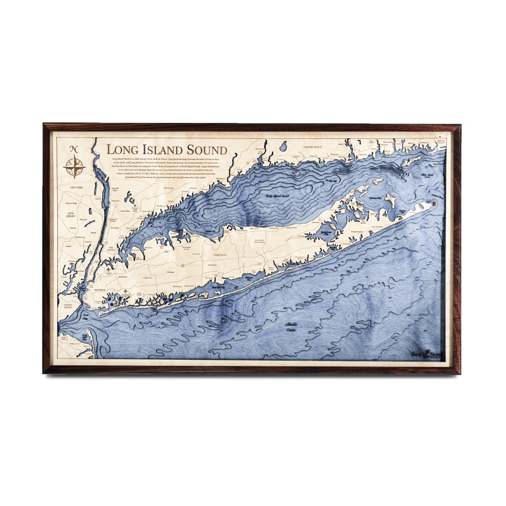 Long Island Sound Nautical Map Wall Art Walnut Accent with Deep Blue Water
