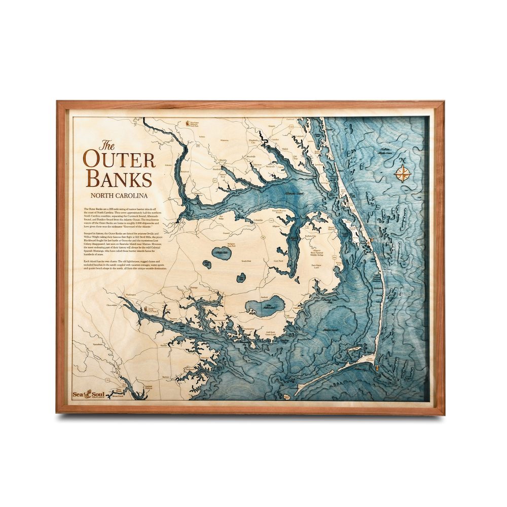 Outer Banks Nautical Map Wall Art Cherry Accent with Blue Green Water