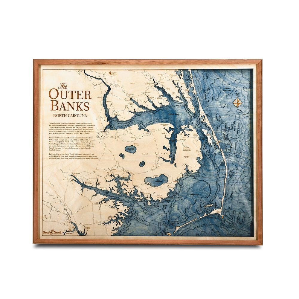 Outer Banks Nautical Map Wall Art Cherry Accent with Deep Blue Water
