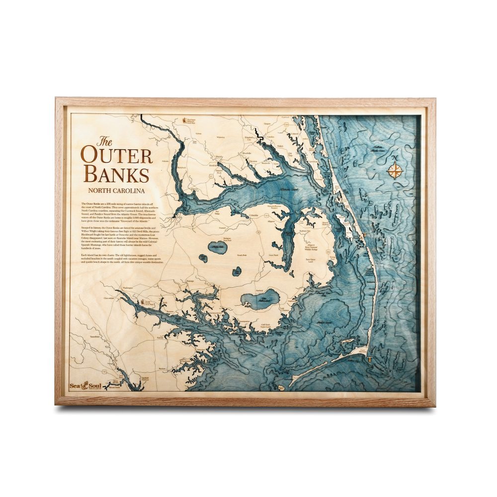 Outer Banks Nautical Map Wall Art Oak Accent with Blue Green Water