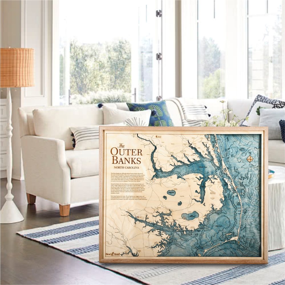 Outer Banks Nautical Map Wall Art Oak Accent with Blue Green Water Sitting in Living Room by Coffee Table and Couch