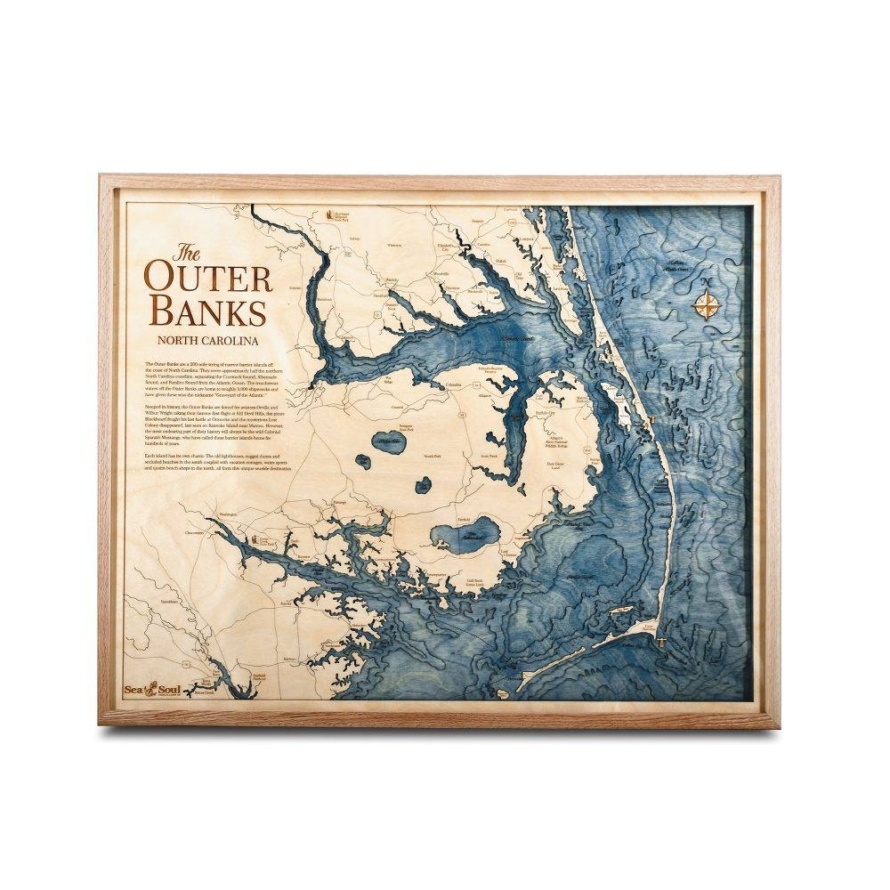 Outer Banks Nautical Map Wall Art Oak Accent with Deep Blue Water